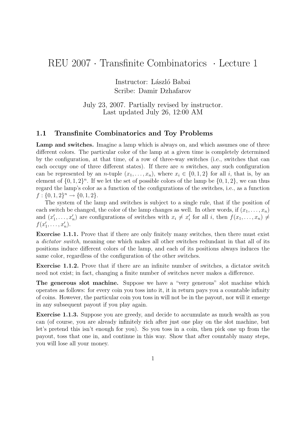REU 2007 · Transfinite Combinatorics · Lecture 1
