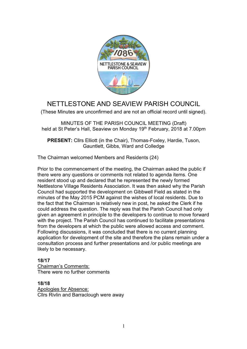 NETTLESTONE and SEAVIEW PARISH COUNCIL (These Minutes Are Unconfirmed and Are Not an Official Record Until Signed)