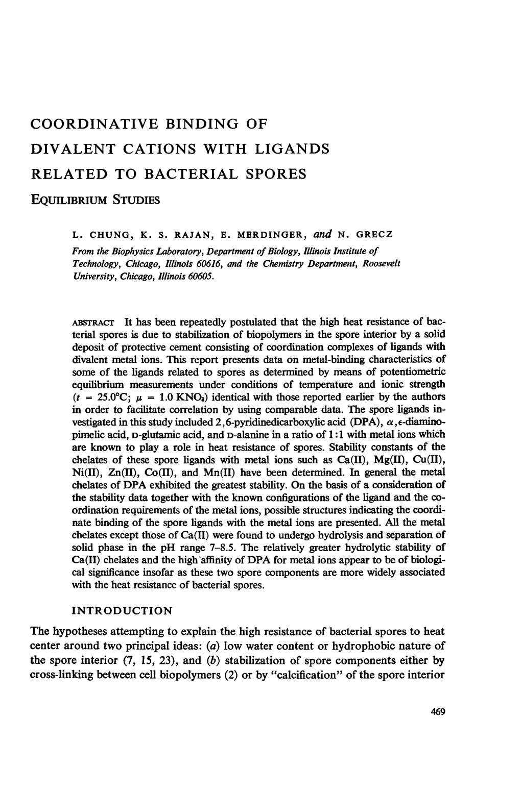 Coordinative Binding of Divalent Cations with Ligands Related to Bacterial Spores Equilibrium Studies