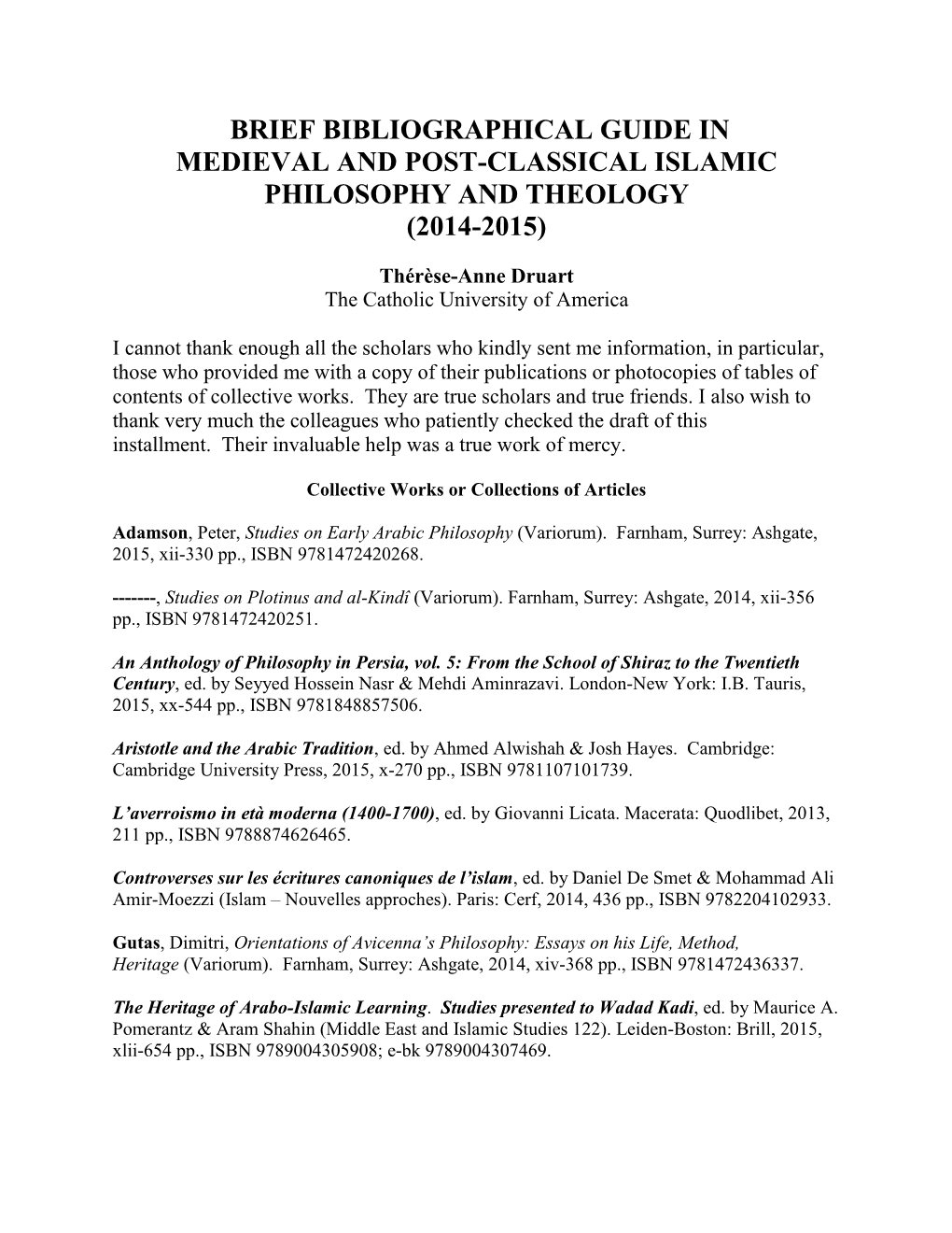 Brief Bibliographic Guide in Medieval Islamic Philosophy and Theology