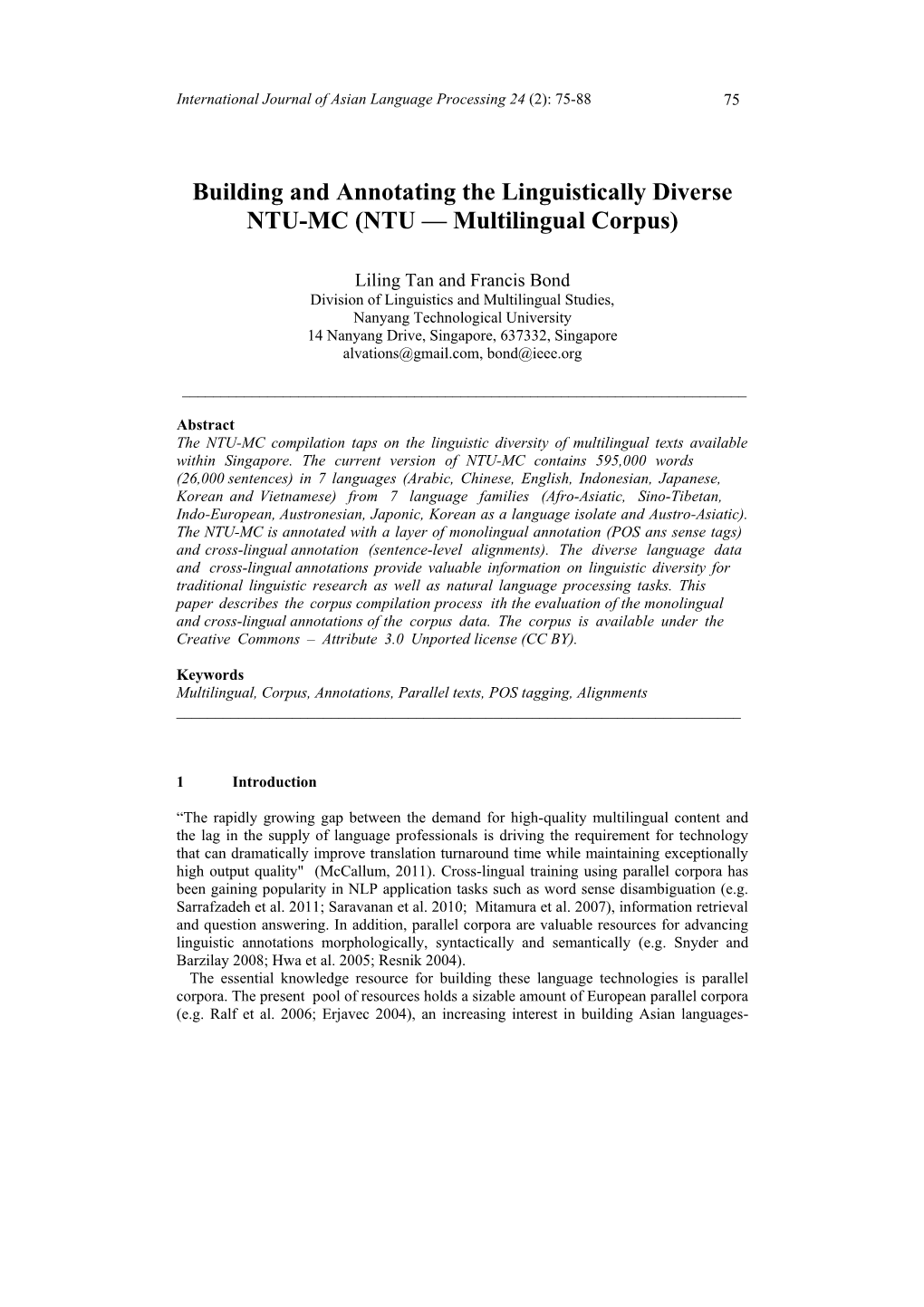 Building and Annotating the Linguistically Diverse NTU-MC (NTU — Multilingual Corpus)