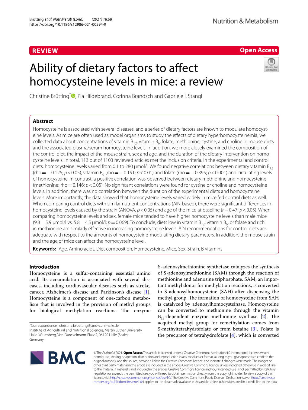 Ability of Dietary Factors to Affect Homocysteine Levels in Mice: a Review