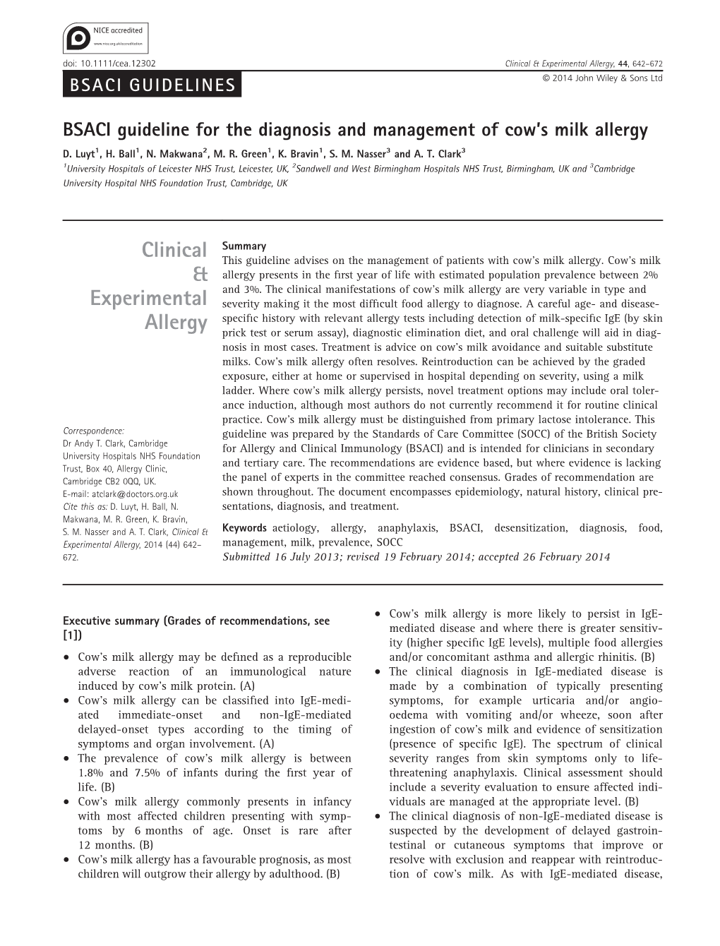 BSACI Guideline for the Diagnosis and Management of Cow's Milk Allergy
