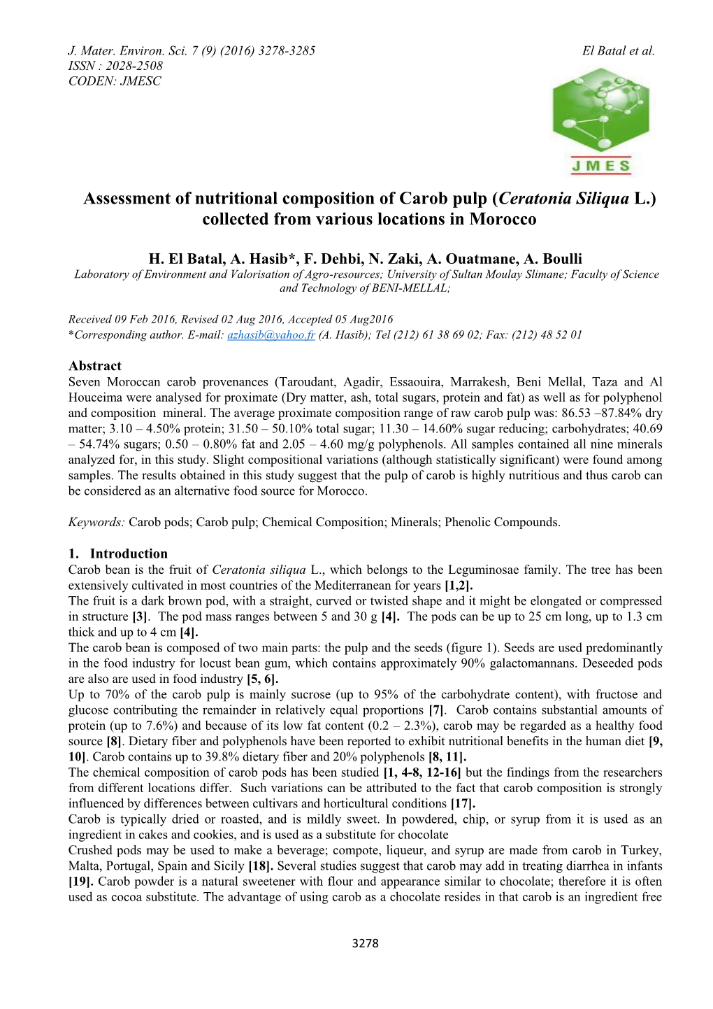 Assessment of Nutritional Composition of Carob Pulp (Ceratonia Siliqua L.) Collected from Various Locations in Morocco