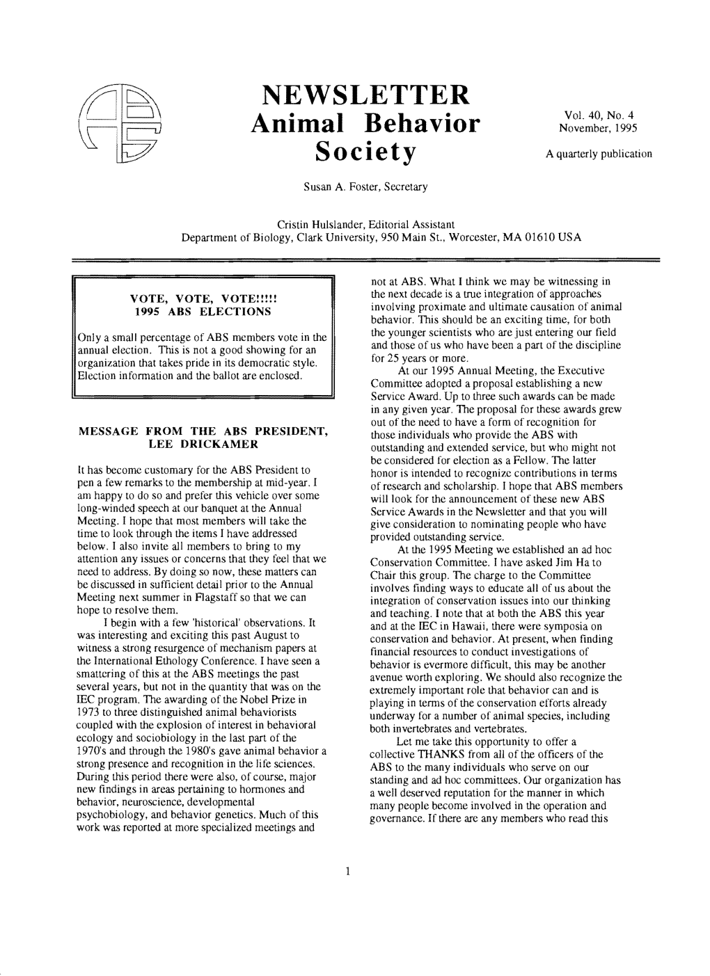 NEWSLETTER Animal Behavior Society