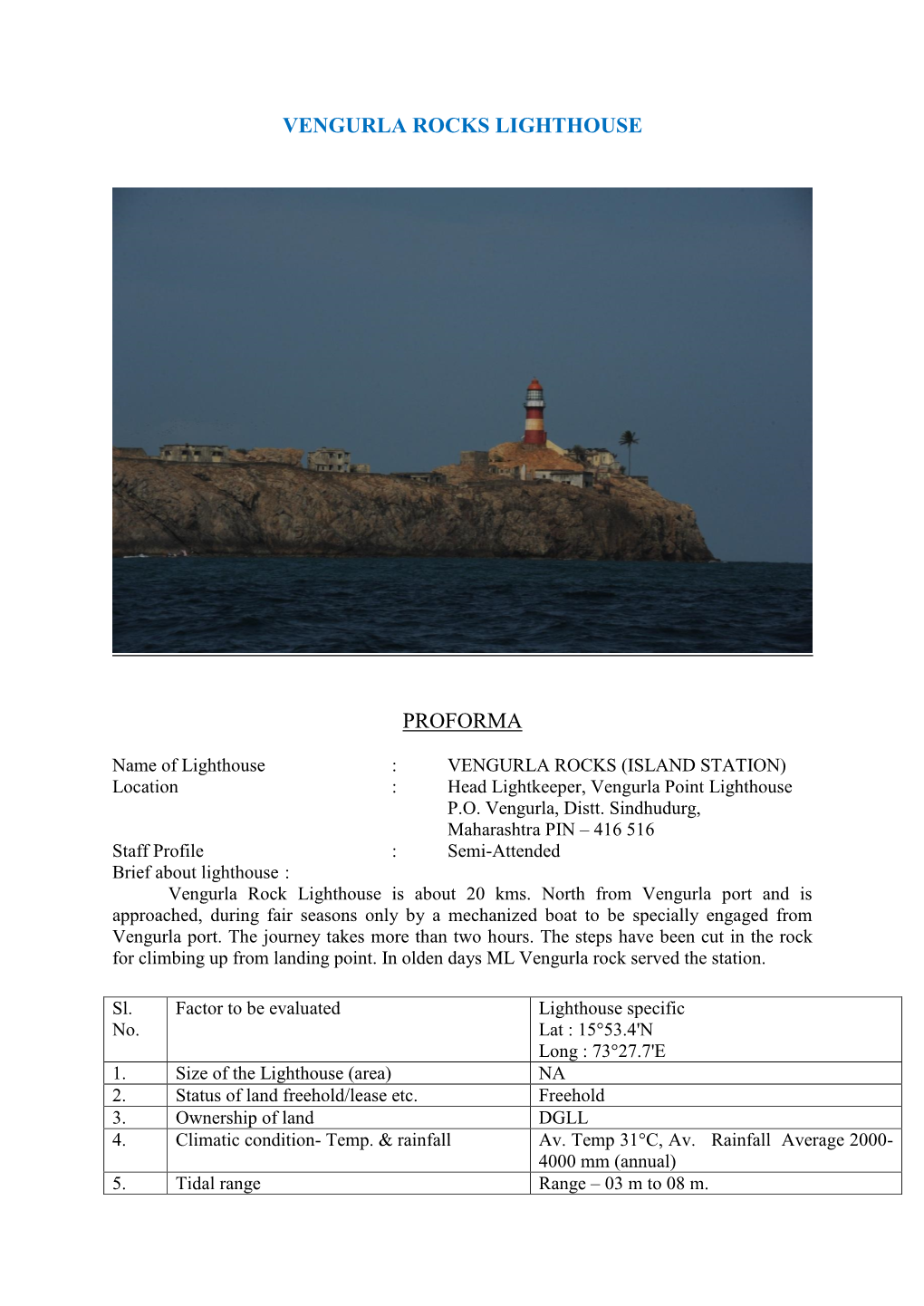 Vengurla Rocks Lighthouse Proforma