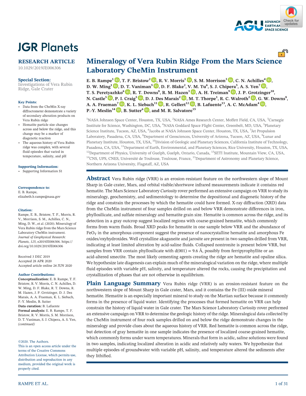 Mineralogy of Vera Rubin Ridge from the Mars Science Laboratory