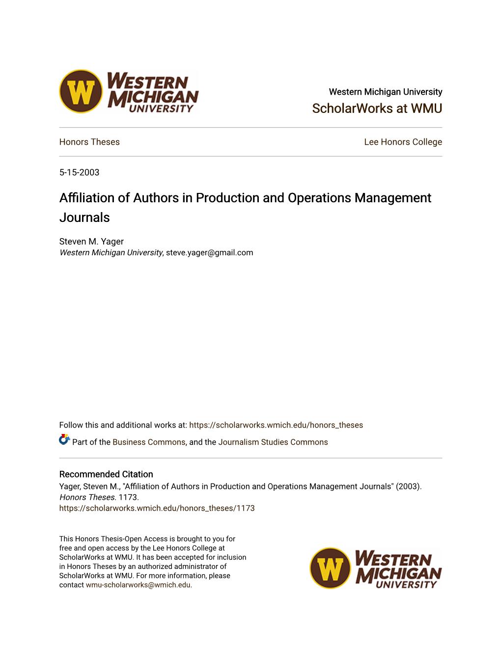 Affiliation of Authors in Production and Operations Management Journals" (2003)