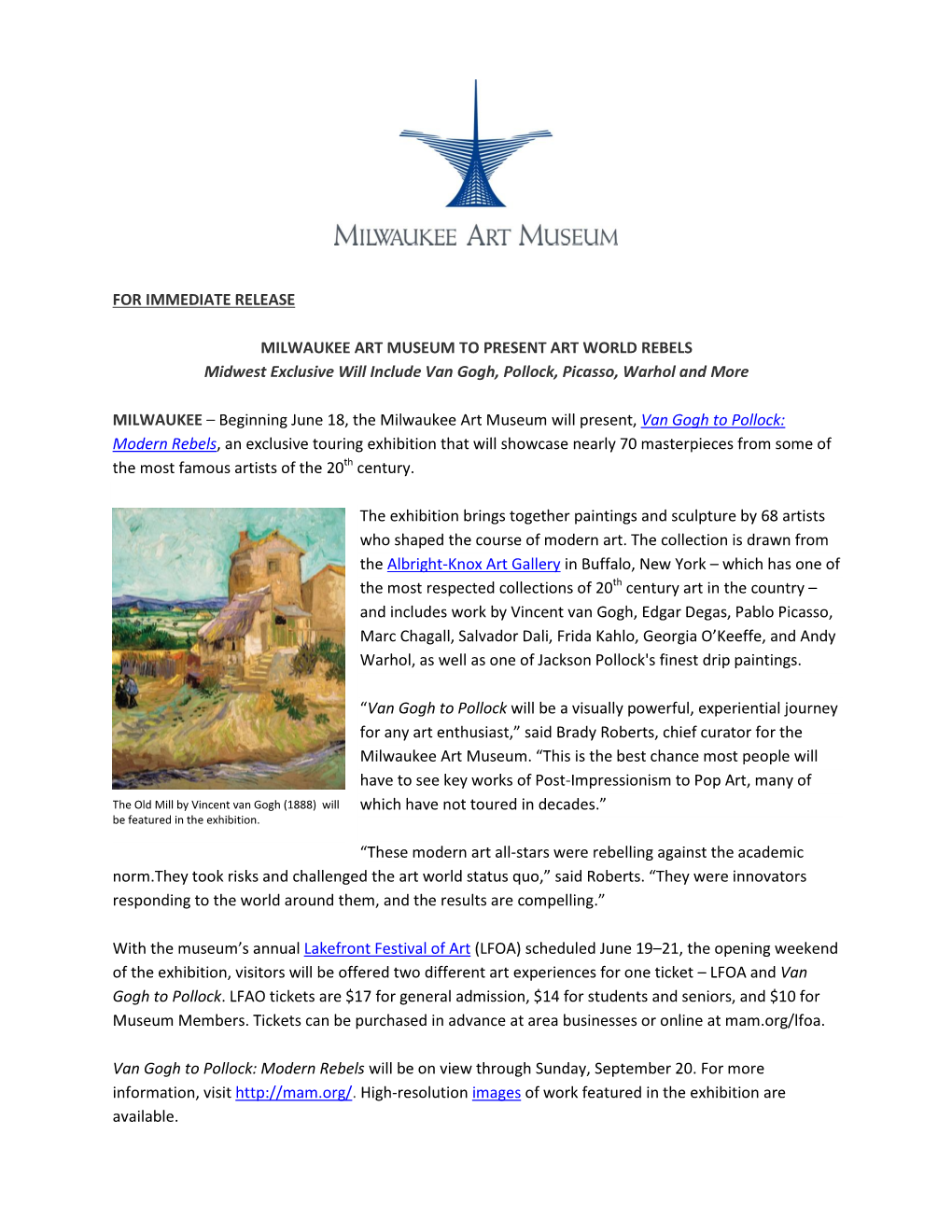 For Immediate Release Milwaukee Art Museum To