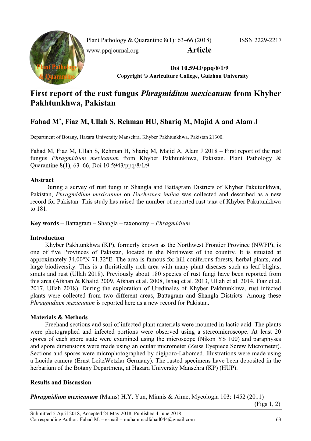 First Report of the Rust Fungus Phragmidium Mexicanum from Khyber Pakhtunkhwa, Pakistan