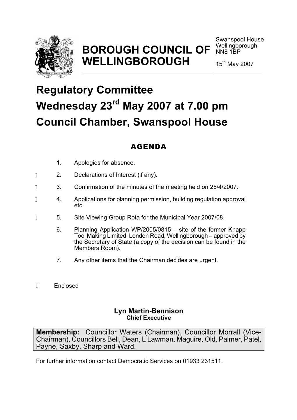 May 2007 at 7.00 Pm Council Chamber, Swanspool House