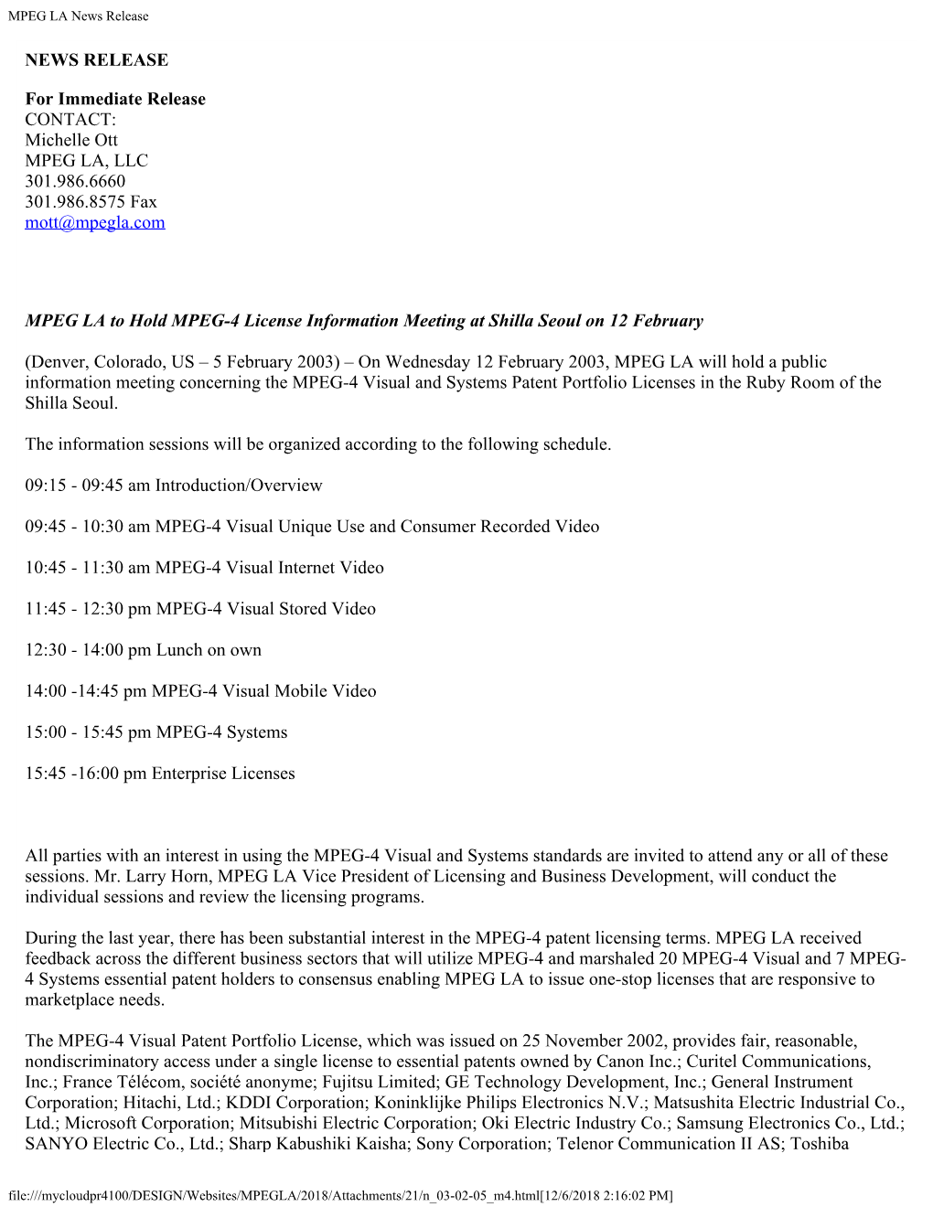 MPEG LA News Release