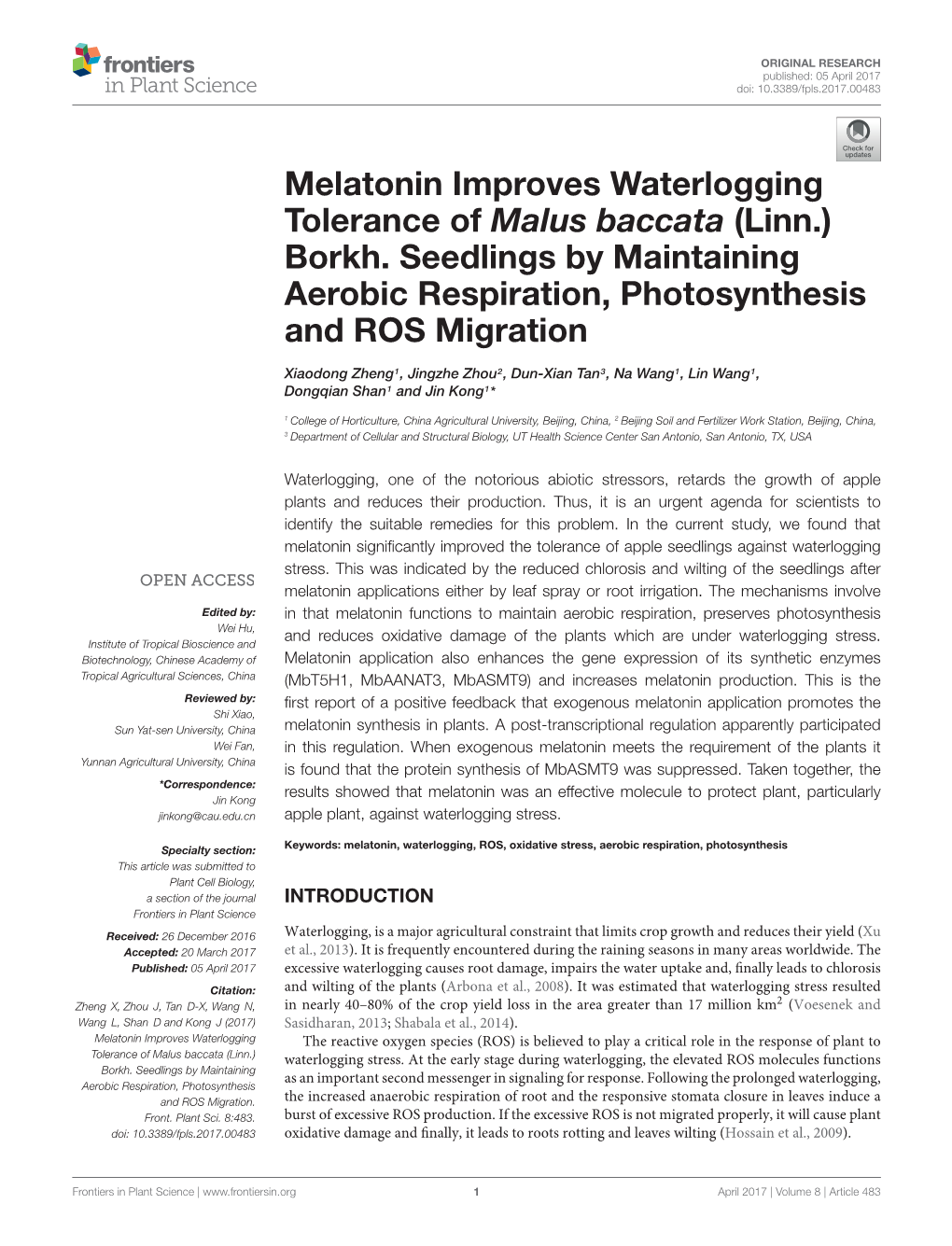 Melatonin Improves Waterlogging Tolerance of Malus Baccata (Linn.) Borkh