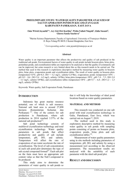 Water Quality Parameter Analyzes of Salt Evaporation Ponds in Kecamatan Galis Kabupaten Pamekasan, East Java