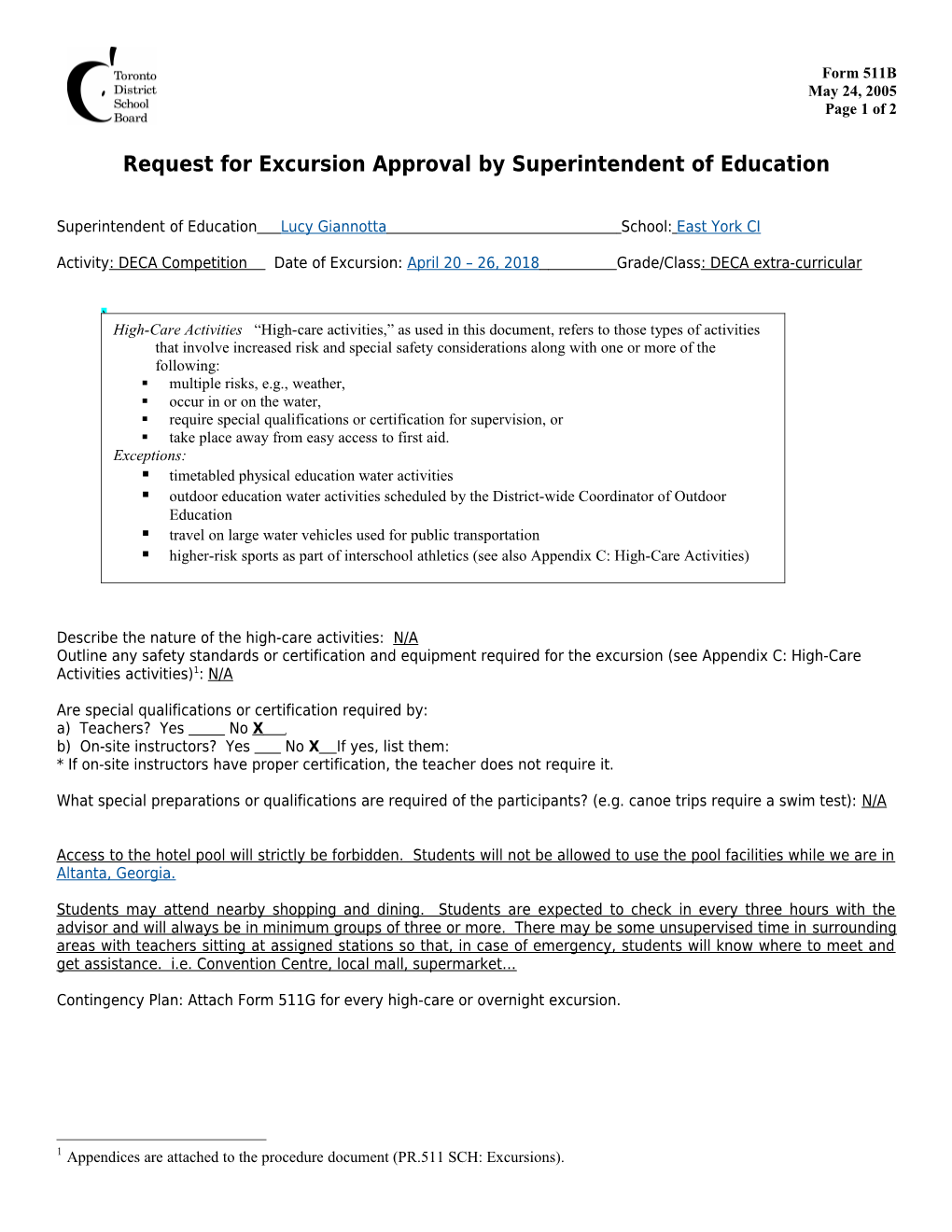 Form 511B: Request for Excursion Approval by Superintendent of Education