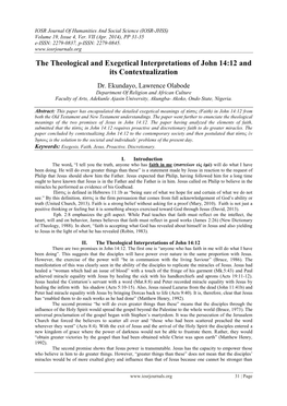 The Theological and Exegetical Interpretations of John 14:12 and Its Contextualization