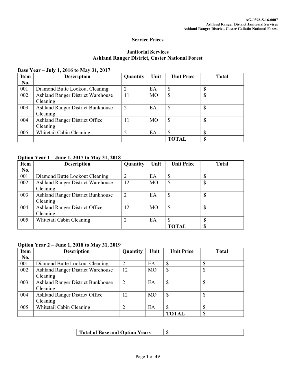 Service Prices Janitorial Services Ashland Ranger District, Custer