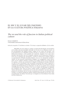 El MSI Y El Lugar Del Fascismo En La Cultura Política Italiana = the Msi and the Role of Fascism in Italian Political Culture