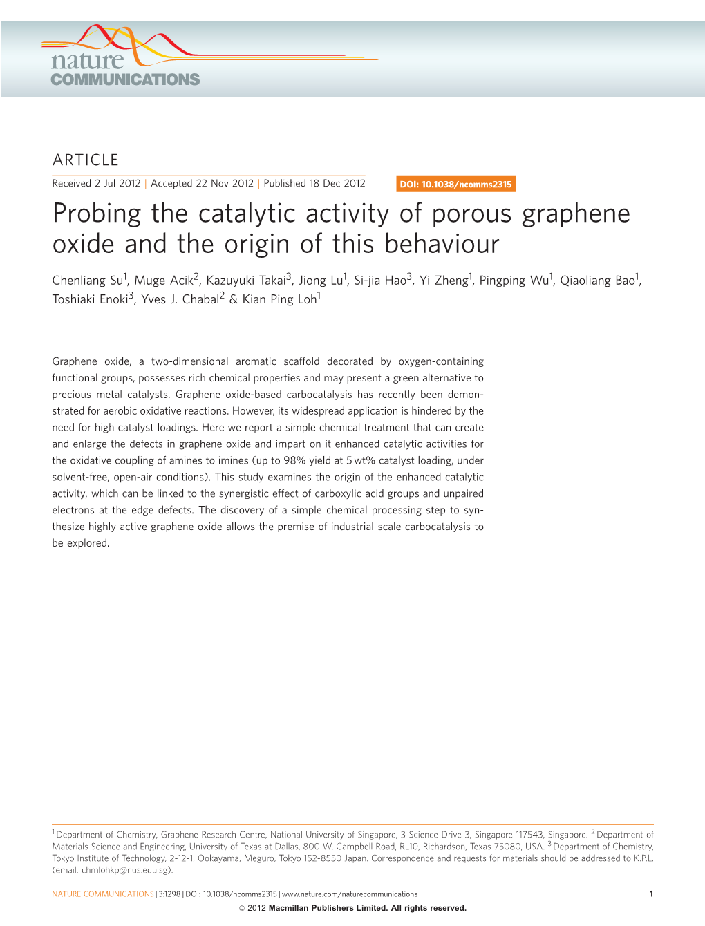 Probing the Catalytic Activity of Porous Graphene Oxide and the Origin of This Behaviour