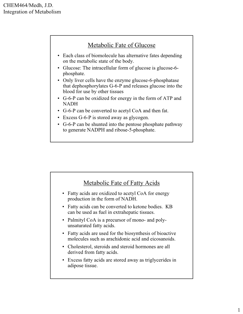 Metabolic Fate of Glucose Metabolic Fate of Fatty Acids