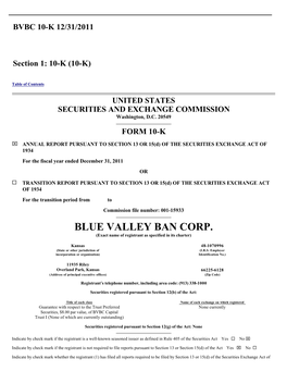 BLUE VALLEY BAN CORP. (Exact Name of Registrant As Specified in Its Charter)