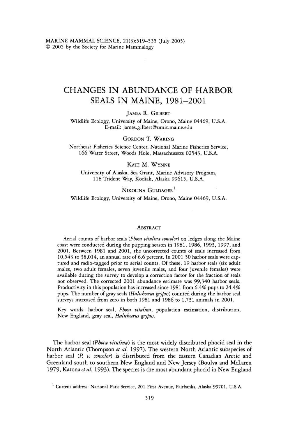 Changes in Abundance of Harbor Seals in Maine, 1981-2001