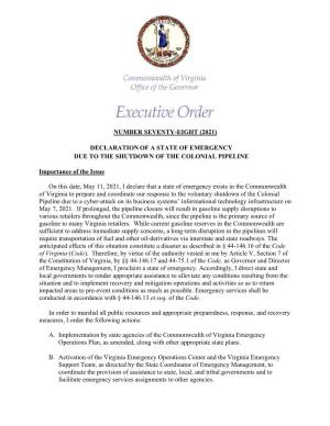 State of Emergency Due to the Shutdown of the Colonial Pipeline