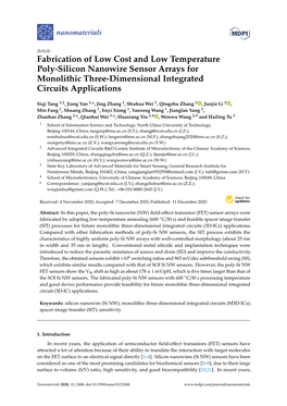 Fabrication of Low Cost and Low Temperature Poly-Silicon Nanowire Sensor Arrays for Monolithic Three-Dimensional Integrated Circuits Applications