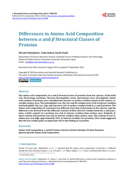 Differences in Amino Acid Composition Between Α and Β Structural Classes of Proteins