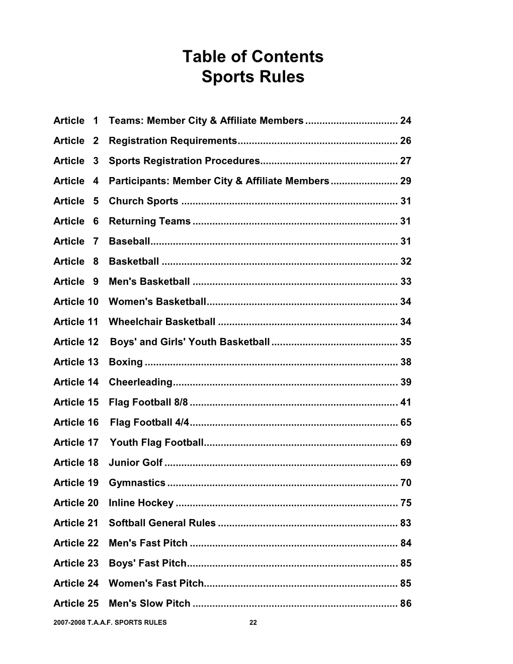 Table of Contents Sports Rules