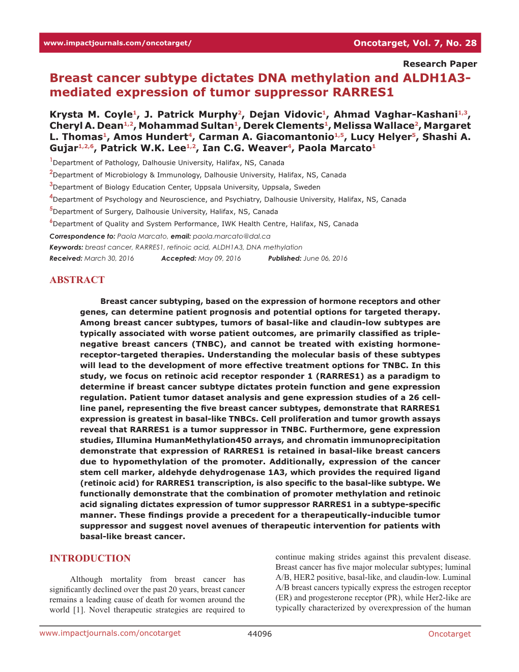 Breast Cancer Subtype Dictates DNA Methylation and ALDH1A3- Mediated Expression of Tumor Suppressor RARRES1