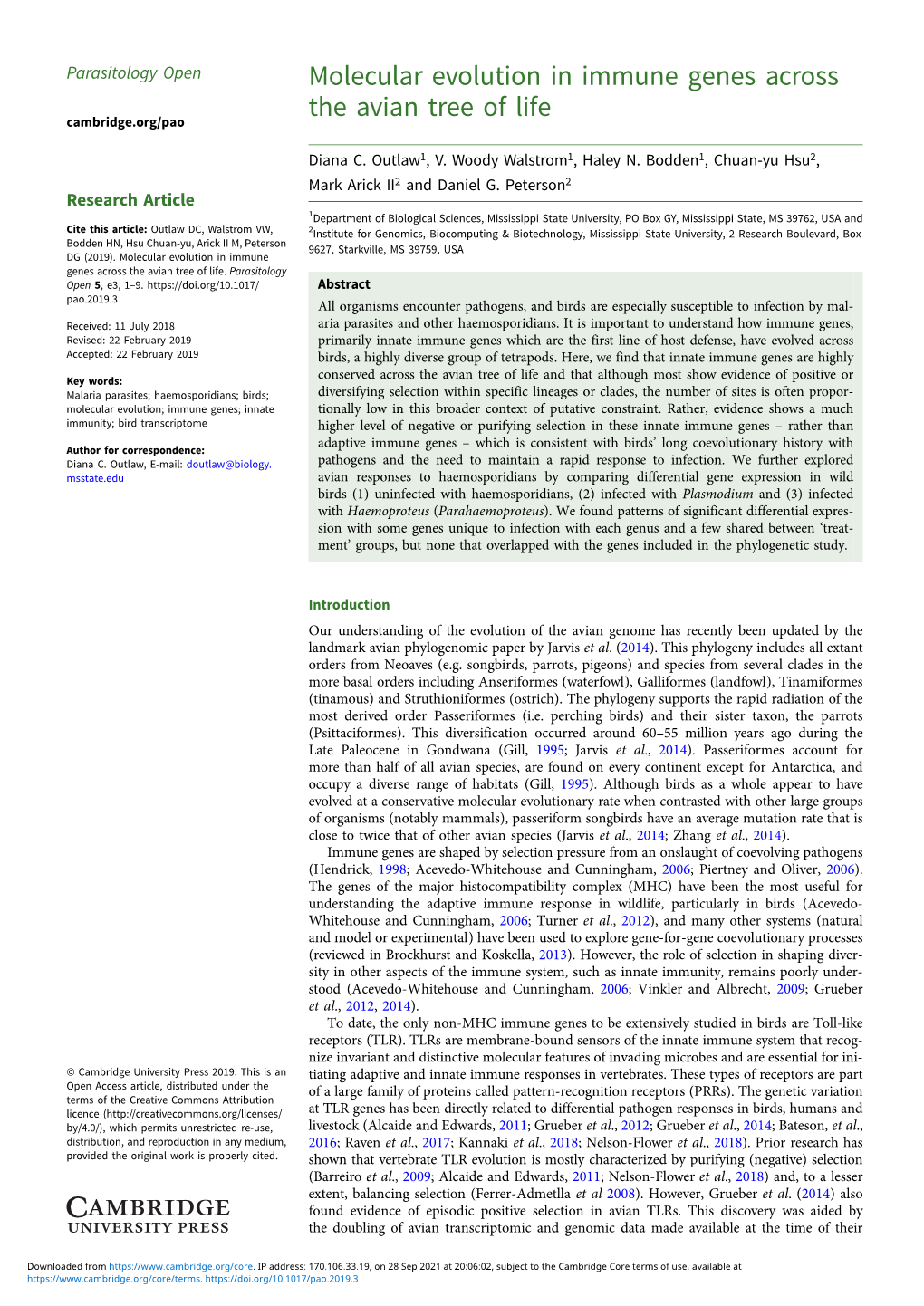 Molecular Evolution in Immune Genes Across the Avian Tree of Life Cambridge.Org/Pao