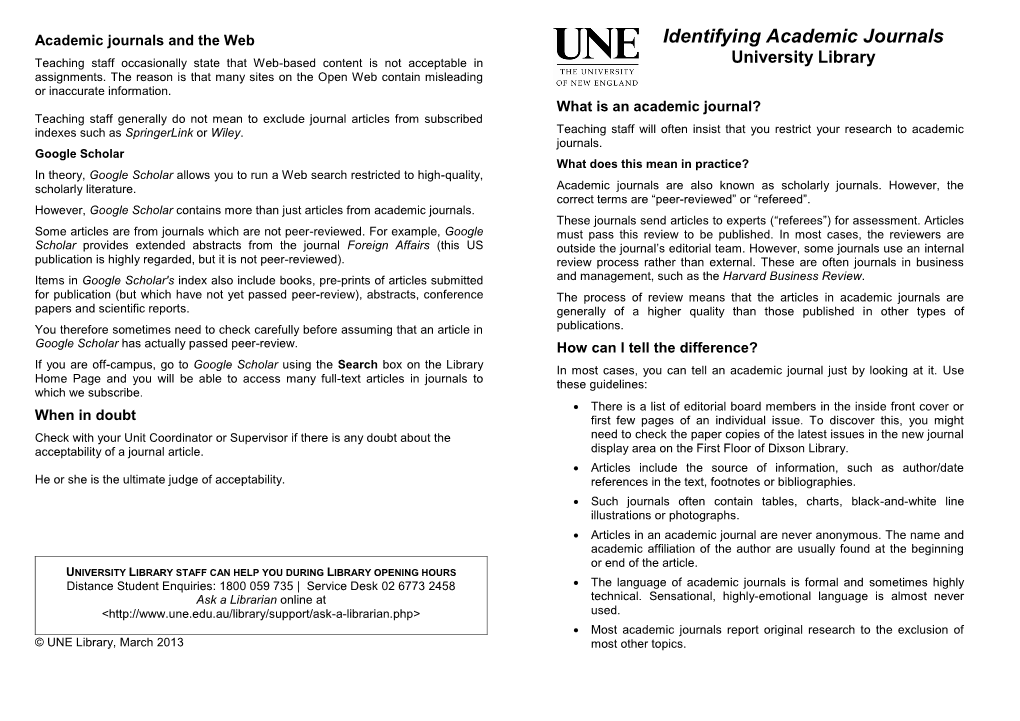 Identifying Academic Journals Teaching Staff Occasionally State That Web-Based Content Is Not Acceptable in University Library Assignments