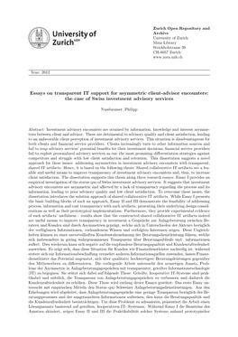 Essays on Transparent IT Support for Asymmetric Client-Advisor Encounters: the Case of Swiss Investment Advisory Services