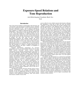 Exposure-Speed Relations and Tone Reproduction Jack Holm Imaging Consultant, Rush, New York