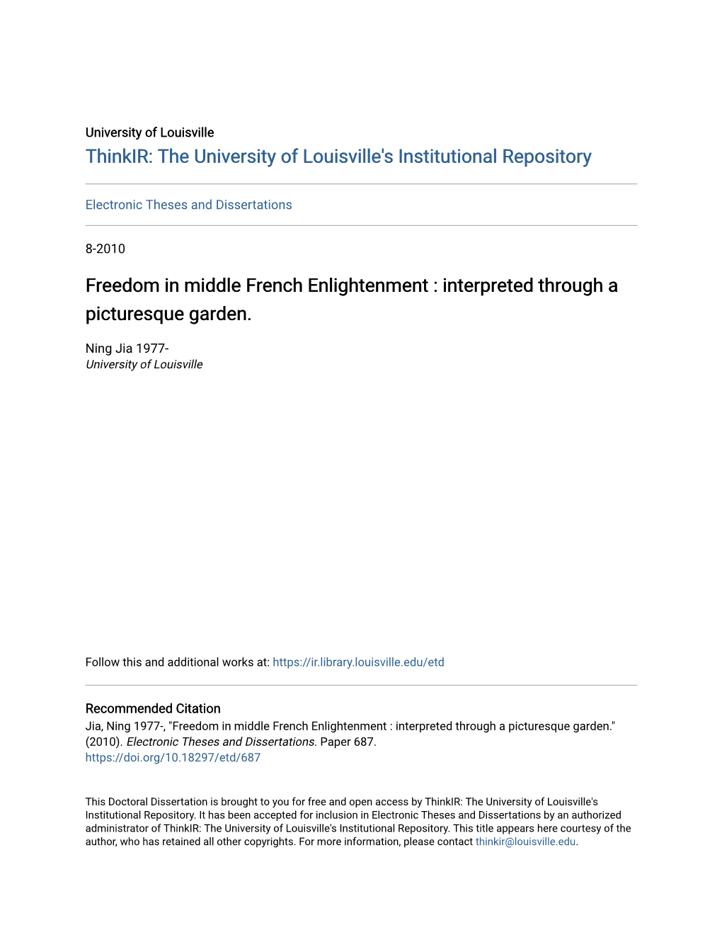 Freedom in Middle French Enlightenment : Interpreted Through a Picturesque Garden