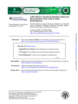 Hematopoiesis Hematopoietic Stem Cells in Adult AML1/Runx1 Negatively Regulates Quiescent