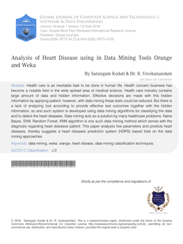 Analysis of Heart Disease Using in Data Mining Tools Orange and Weka by Sarangam Kodati & Dr