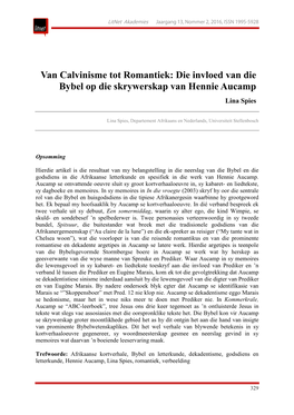 Van Calvinisme Tot Romantiek: Die Invloed Van Die Bybel Op Die Skrywerskap Van Hennie Aucamp Lina Spies