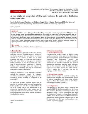 A Case Study on Separation of IPA-Water Mixture by Extractive Distillation Using Aspen Plus