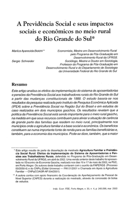 A Previdência Social E Seus Impactos Sociais E Econômicos No Meio Rural Do Rio Grande Do Sul*