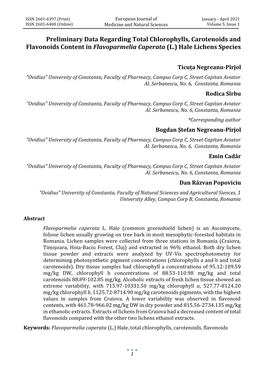 Preliminary Data Regarding Total Chlorophylls, Carotenoids and Flavonoids Content in Flavoparmelia Caperata (L.) Hale Lichens Species
