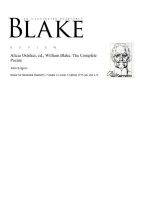 Alicia Ostriker, Ed., William Blake: the Complete Poems