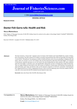 Doctor Fish Garra Rufa: Health and Risk Shreya Bhattacharya