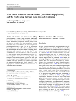 Mate Choice in Female Convict Cichlids (Amatitlania Nigrofasciata) and the Relationship Between Male Size and Dominance