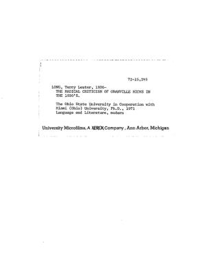 University Microfilms, a XEROX Company, Ann Arbor, Michigan the RADICAL CRITICISM OP GRANVILLE HICKS in the 1 9 3 0 *S
