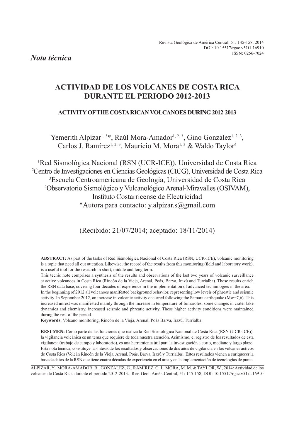 Actividad De Los Volcanes De Costa Rica Durante El Periodo 2012-2013