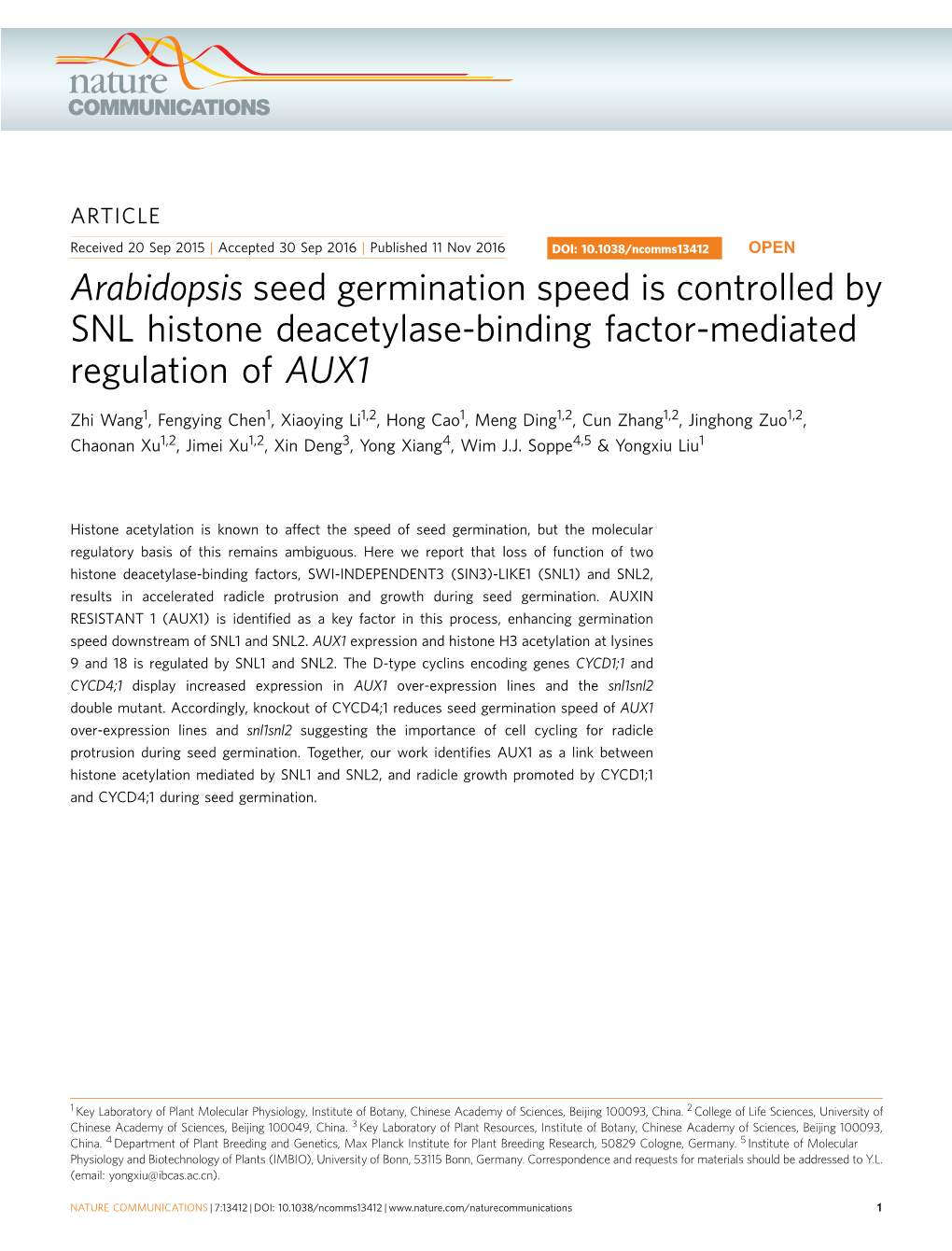 Arabidopsis Seed Germination Speed Is Controlled by SNL Histone Deacetylase-Binding Factor-Mediated Regulation of AUX1