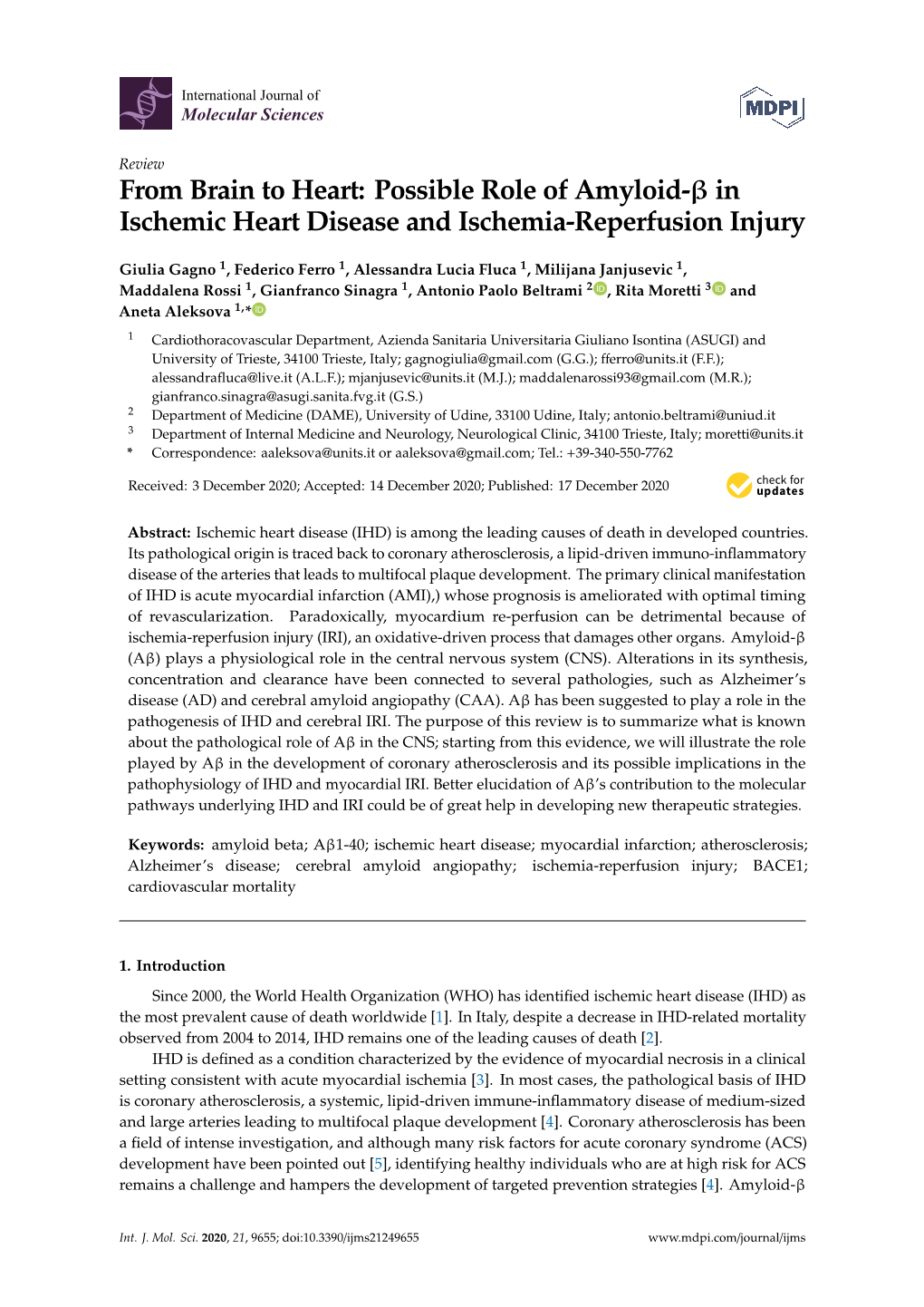 From Brain to Heart: Possible Role of Amyloid-Β in Ischemic Heart Disease and Ischemia-Reperfusion Injury