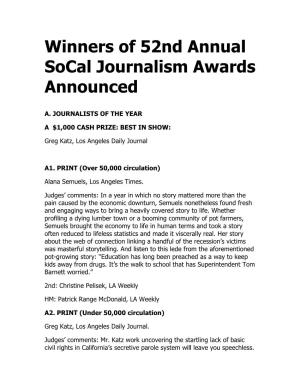 Winners of 52Nd Annual Socal Journalism Awards Announced